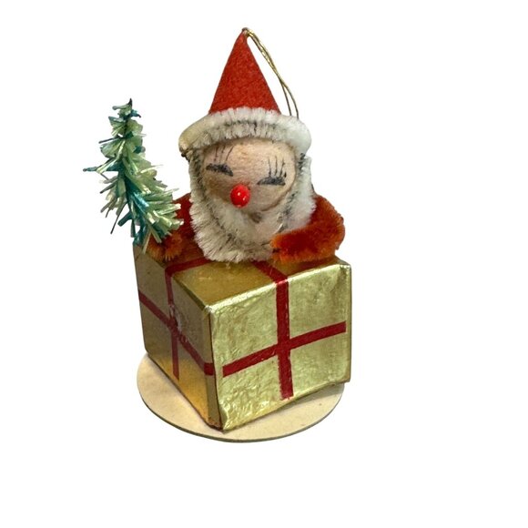 Chenille Pipecleaner Elf on Present Ornament Gold Red  2 1/2 Inches Vintage - Picture 2 of 5